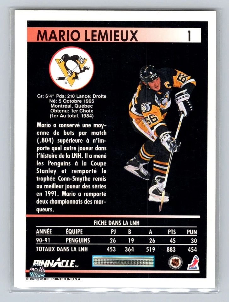 1991-92 Pinnacle French #1 Mario Lemieux Pittsburgh Penguins NM-MT - Image 2 of 2