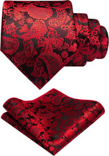 Mens Solid Color Paisley Necktie and Pocket Square with Tie Clip Sets