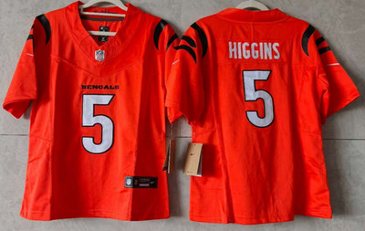 Tariffs  Free~ YOUTH'S Tee Higgins #5 Bengals FUSE Orange Sewn Stitched Jersey.