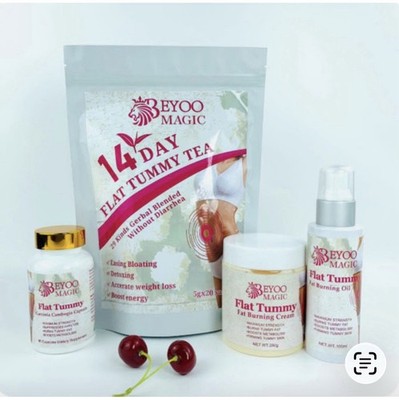 4 Pcs Belly Flat Set Tea, Capsules, Cream, Oil, Weight Loss