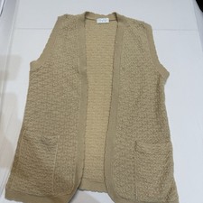 Vintage Orlon Acrylic Sweater Vest Womens M Beige Knit Open Front Pockets Cottag