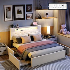 STORAGE UPHOLSTERED BED FRAME 4FT6 DOUBLE WITH CHARGING PORT & LED LIGHT