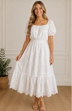 NWT Express White Eyelet Midi Dress M Puff Sleeve Sorority Rush Preference