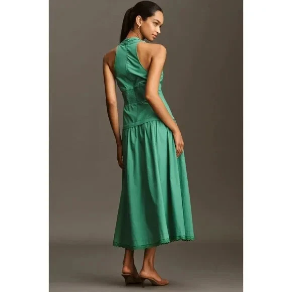 ANTHROPOLOGIE NWT $178 Maeve Green Halter Drop Waist Midi Dress Size Medium - Image 3 of 4