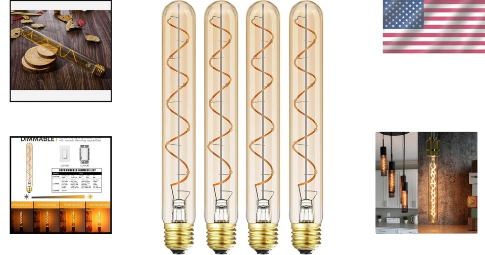 8.9in Vintage Edison T10 LED Bulbs - Dimmable Warm White Amber Glass, Pack of 4 - Image 2 of 4