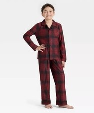Boys Red Black Plaid Flannel Pajama Set Long Sleeve Button 2 Piece