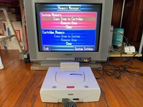 Sega Saturn white Japanese console system in box + 2 games + Pseudo memory cards