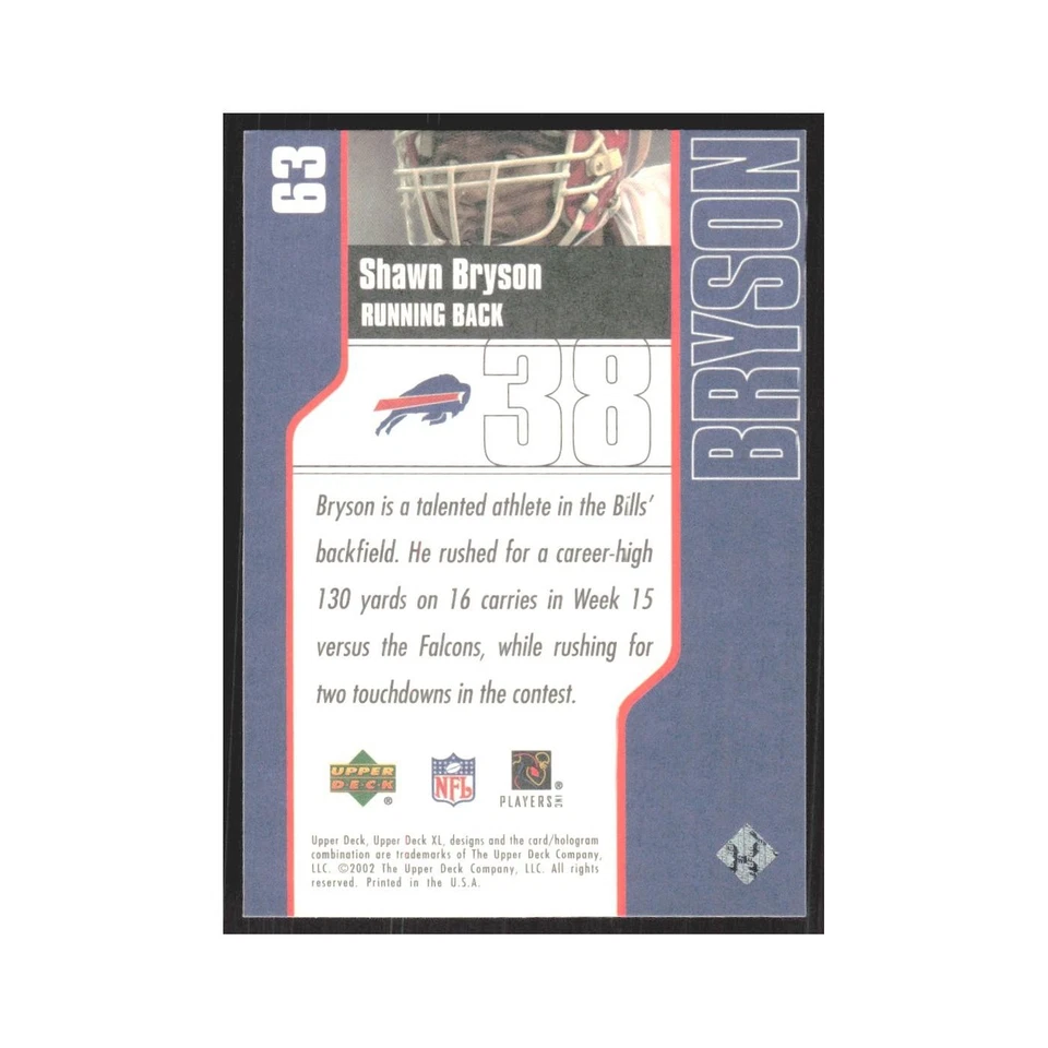 2002 Upper Deck XL Shawn Bryson Bills #63 - Image 2 of 3