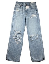 American Eagle Dreamy Drape High Rise Baggy Wide Leg Jeans Sz 6 Long Distressed