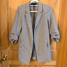 Rachel Zoe Plaid Open Front Blazer M Navy Tan Linen Blend Ruched Sleeve Office