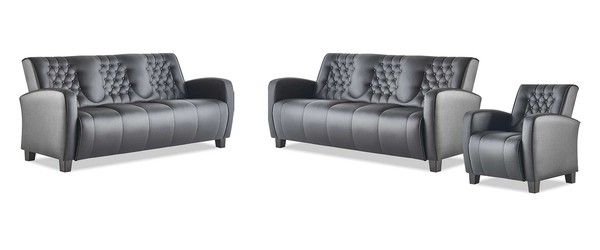 Ledersofa-Set 3-Sitzer Sessel Schwarz Modern Couch Leder Holz Chesterfield-image