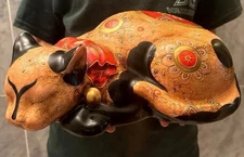 Antique Large Sleeping Cat Statue 11 inch Japanese Figurine Maneki Neko Kutani