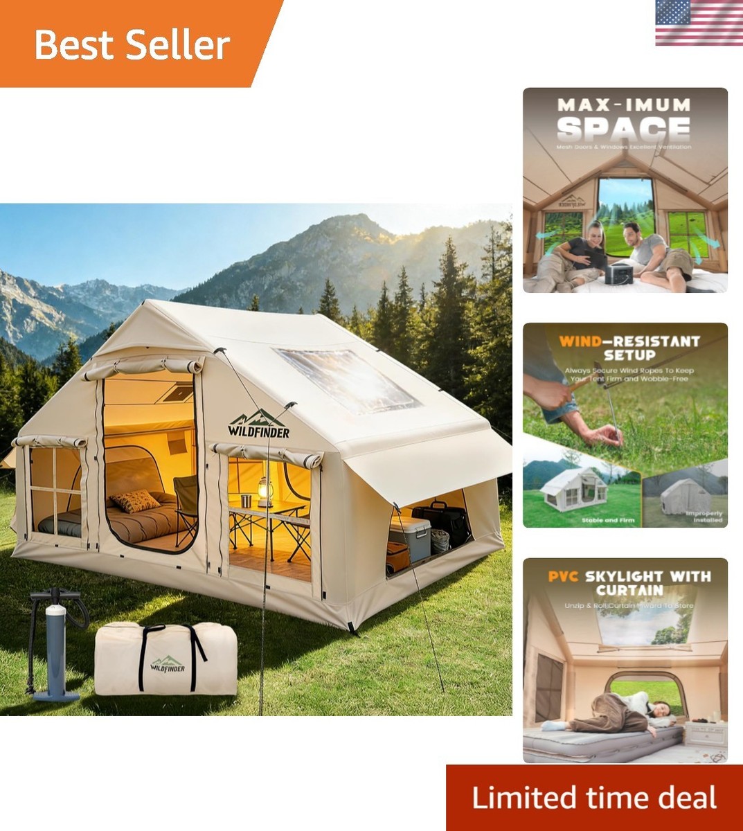 Inflatable Tent with Skylight, Quick Setup Blow Up Tents with Pump