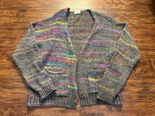 T. La Anthropologie Multicolor Rainbow Knit Open Front Cardigan Small Gray