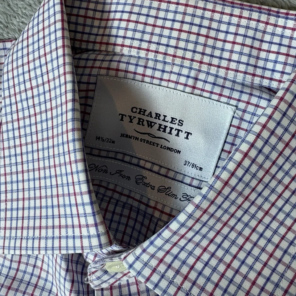 Charles Tyrwhitt Shirt Mens 14.5-32 Extra Slim Fit Non Iron Red Blue Plaid - Image 3 of 4