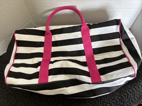 Victoria's Secret Carry On Travel Overnight Duffel Bag Pink Black Striped Gym - Picture 4 of 11