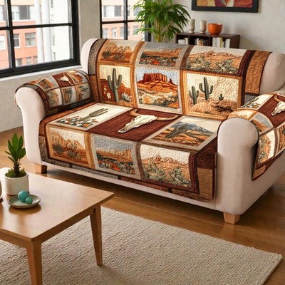 Western Desert Quilt Sofa Cover, Cowboy Cactus Canyon Farmhouse Decor Throw Sets