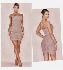 House Of CB Mink/Pink Sparkly Strappy Ruched Mini Dress.Size S.Party Glam Dress.