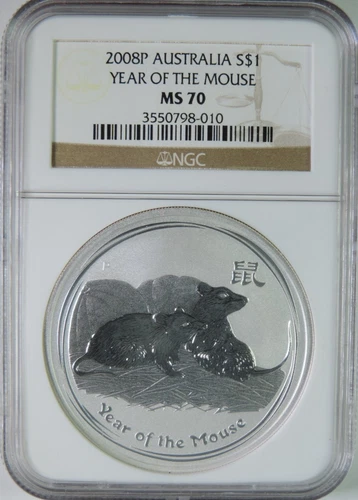 2008 P Australia Lunar Year of the Mouse 1oz .999 Silver $1 Coin NGC MS70