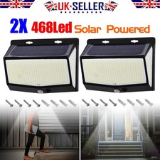 468LED Solar PIR Motion Sensor Wall Light Outdoor Garden Security Fence Lamp 2x