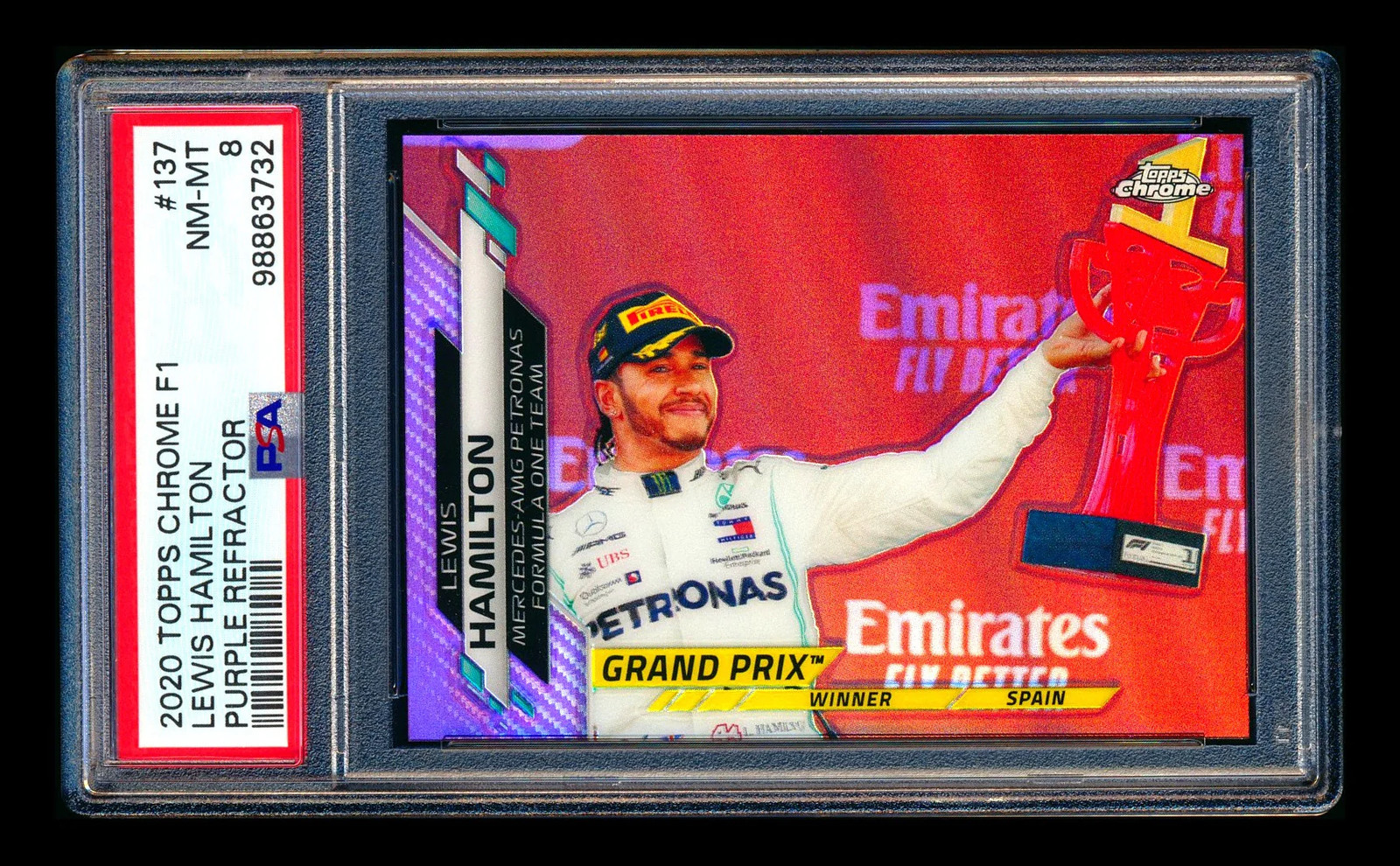 2020 Topps Chrome F1 #137 Lewis Hamilton RC Purple Refractor #126/399 PSA 8 view 1