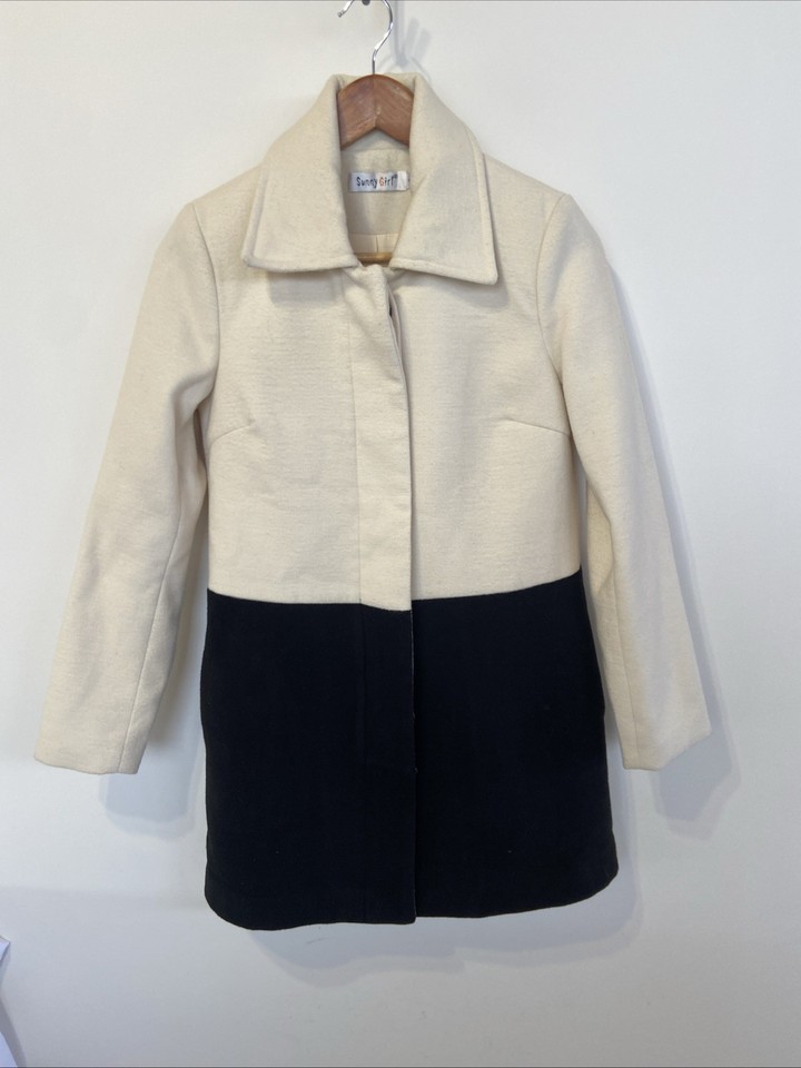 Sunny Girl Wool Blend Cream / Black Mid Length Overcoat Lined Pockets Size 8