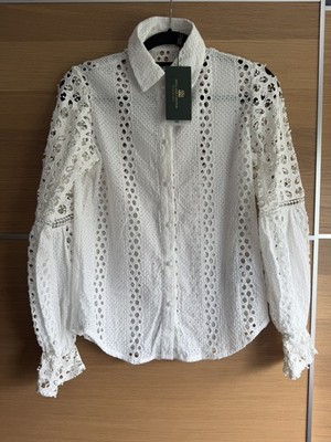 Holland Cooper Size 6 White Broderie Anglaise Lace Shirt Long Sleeves Blouse New