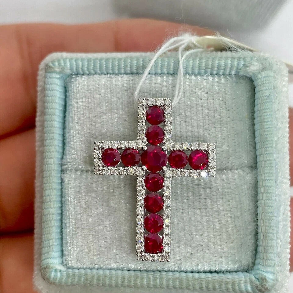 3Ct Round Cut Red Ruby Diamond Cross Pendant 14K White Gold Over 18" Free Chain - Image 3 of 4