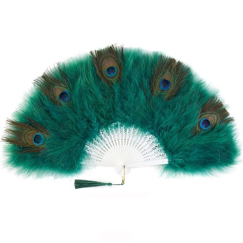 Colourful Peacock Marabou Feather Hand Fan Dance Folding Vintage Fancy Dress - Picture 9 of 18