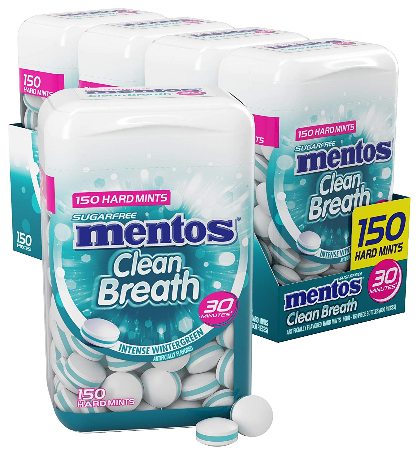 Mentos Clean Breath Sugarfree Hard Mint 150pc 4 Bottles - Wintergreen 