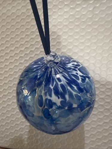 Hand Blown Glass Local Artisan Blue & White Spotted Round Ball Ornament 3.5”+ - Picture 4 of 10