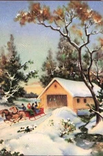 Christmas Winter Sleigh Carolers Covered Bridge Artist Drawing Vtg Postcard H26