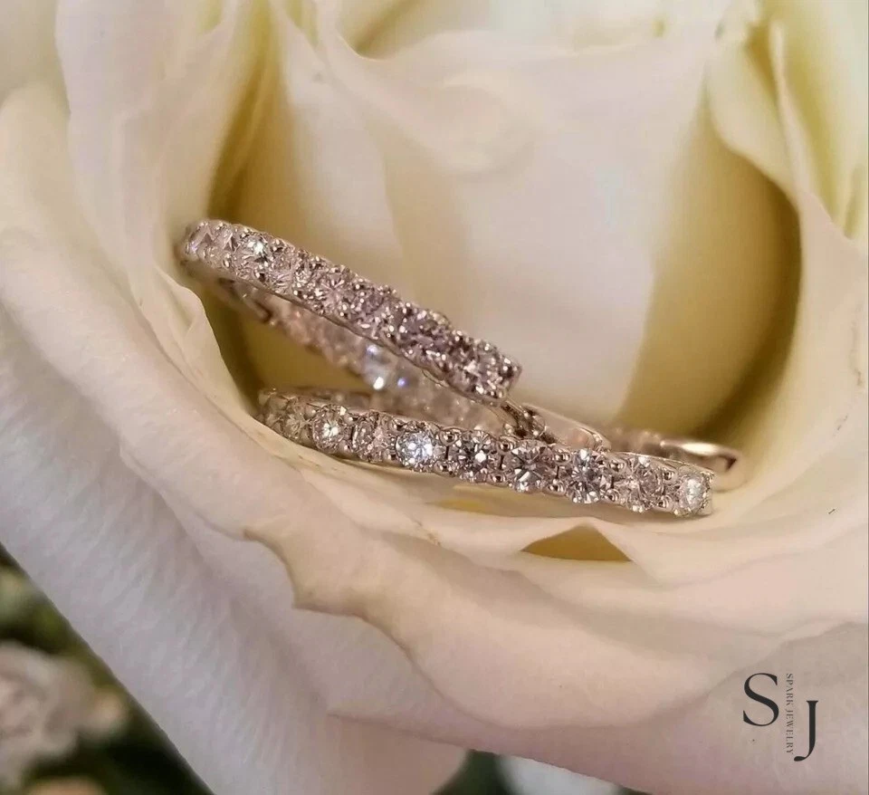 Moissanite 3.00 Carat Round Cut Solid 14K White Gold Inside Out Hoop Earrings - Image 3 of 4