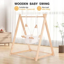 Baby Swing Set with Folding Wooden Frame Stand Indoor/Outdoor Toddler Kids Swing