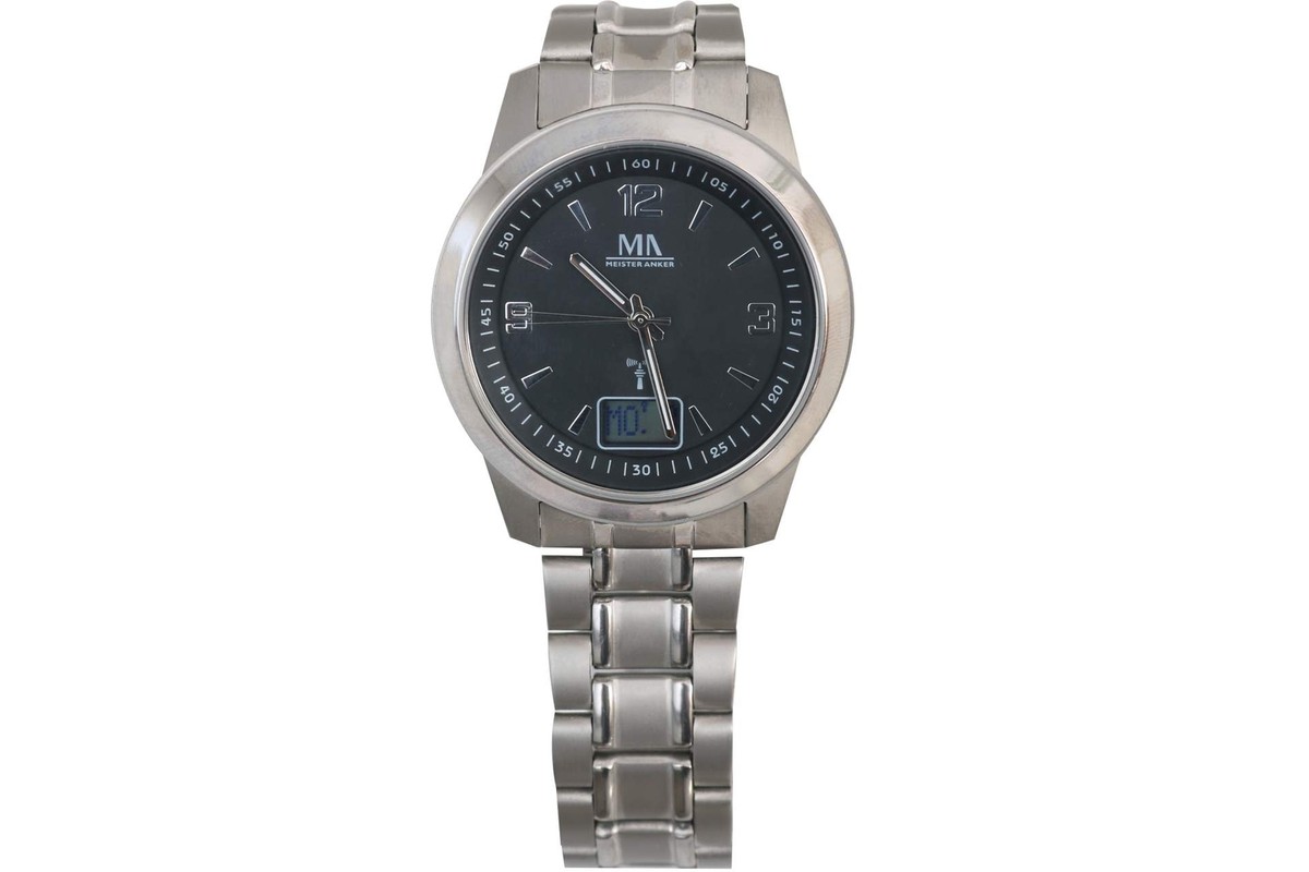 Meister Anker Herren Titan Armbanduhr Funkuhr Silber schwarzes Zifferblatt  Quarz