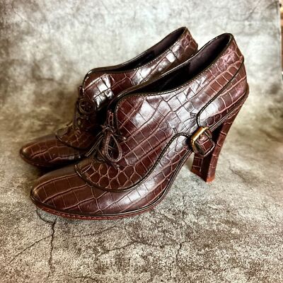 靴 Vintage celine shoes Celine Vintage Oxford Croc-Embossed Heels Mahogany | EU 38, US 7