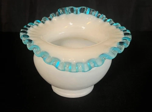 Fenton Aqua Blue Crest Milk Glass Vase Flower Bowl Vintage Ruffled Edge Scallop