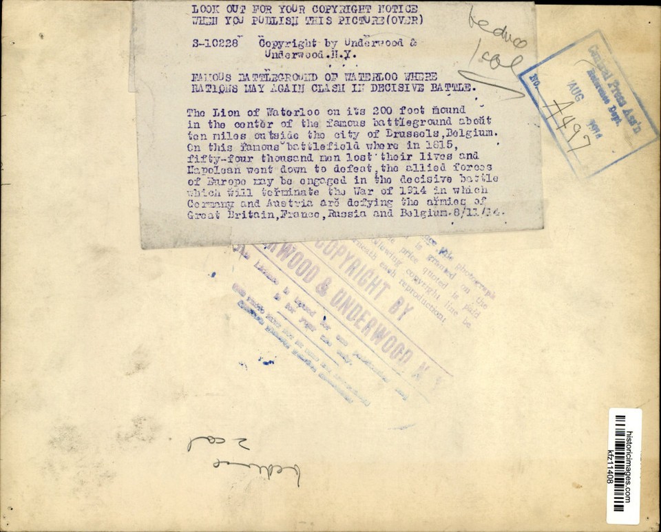 1914 Press Photo Lion of Waterloo on 200 foot mount at famous