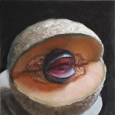 Sliced cantaloupe and prune, realistic still life, oil painting