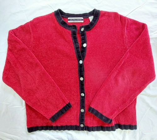 Amanda Smith Stretch Women's Red Cardigan Size L  Black Trim Super Soft Holidays - Picture 3 of 9