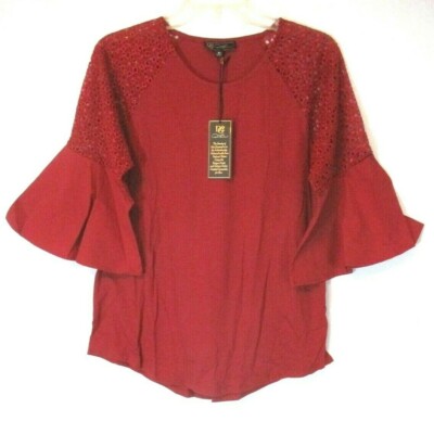DG2 Diane Gilman Eyelet Flutter Sleeve Tee Shirt Medium Red 654870 Women WB20