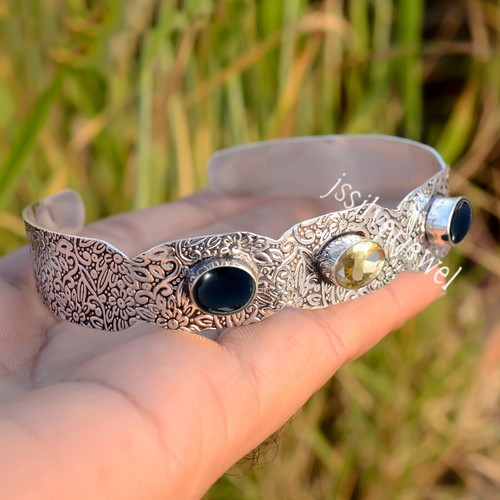 Bracelet Ovale En Argent 925 Avec Onyx Noir Et Citrin - Fait Main
