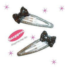 Snappees blinged out snap clips Silver/black rhinestone bowknot glitter 2pcs