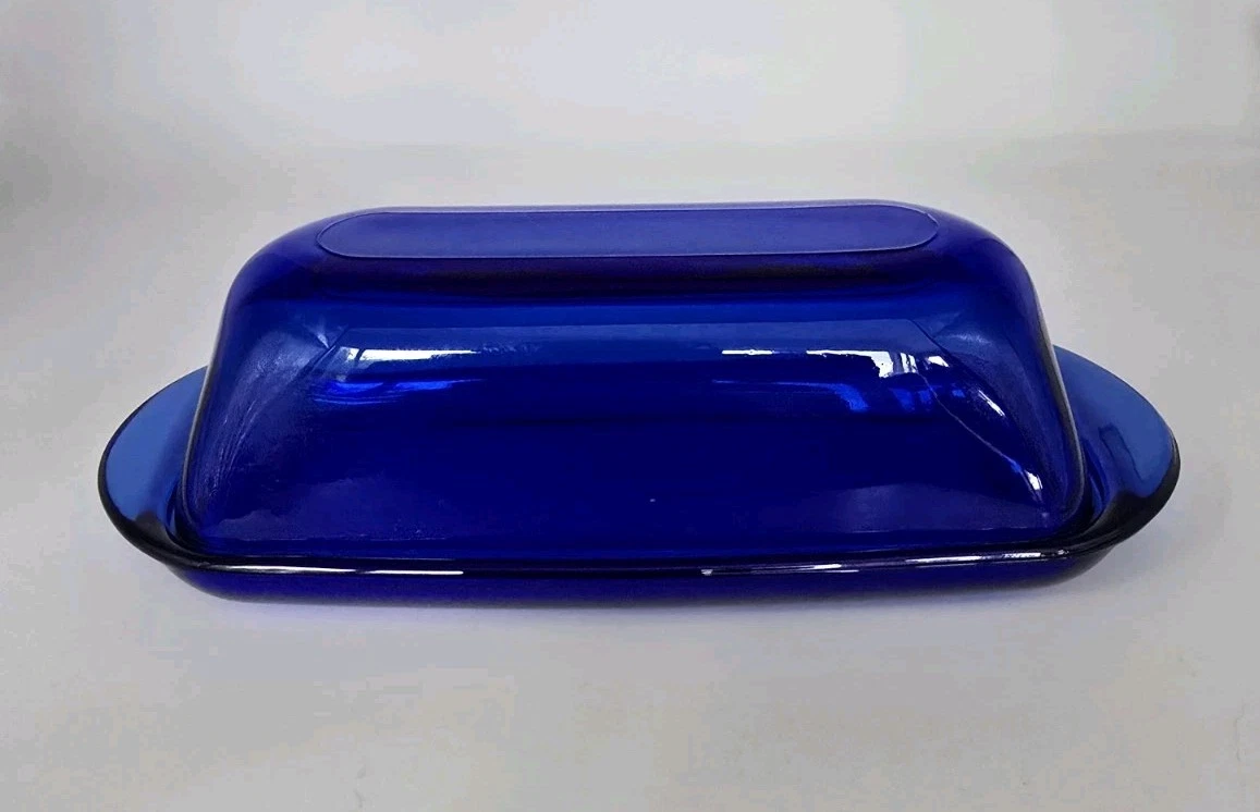 Vintage Cobalt Blue Glass Stick Butter Covered Dish