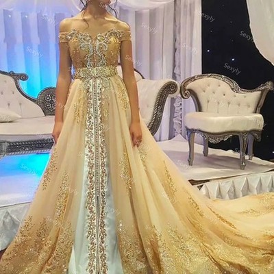 Luxury Gold Moroccan kaftan Wedding Dress Elegant Off Shoulder Abaya Indian Long
