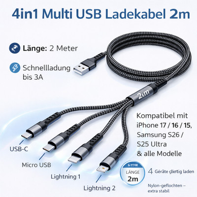 RAVIAD Multi USB lade Kabel ,4 in 1 Multi Ladekabel Apple iPhone Samsung Huawei