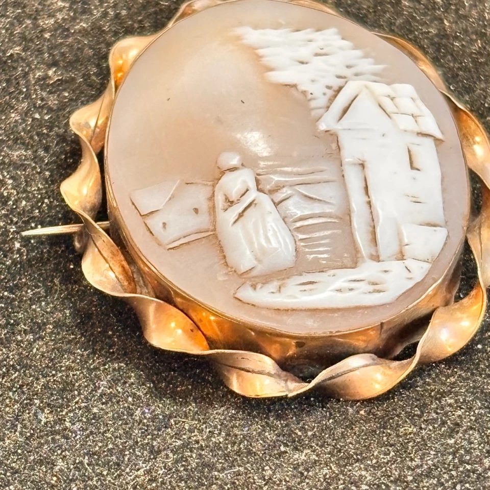 CAMEO antique homestead scene brooch twisted brass frame gray DAMAGE broken weld - Image 3 of 4