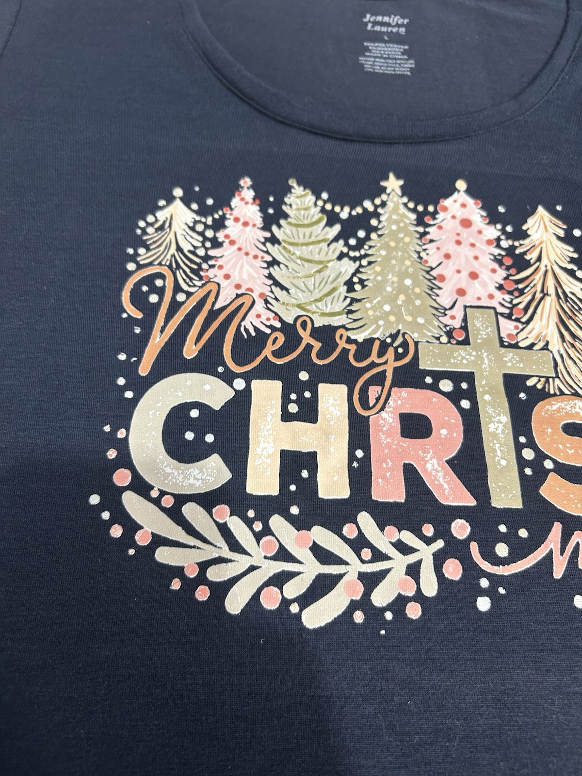 “Merry Christmas” Navy Blue Women’s Tunic Shirt Jennifer Lauren Size Large Pink