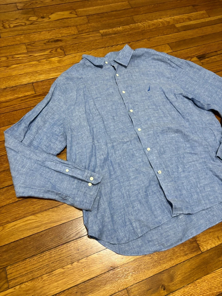 Nautica Men’s Size XXL 2XL 100% Linen Button Down Shirt Blue Long Sleeve - Image 3 of 4