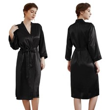 UK Long Plain Satin Silk Robe Wedding Bridesmaid Kimono Dressing Gown Sleepwear